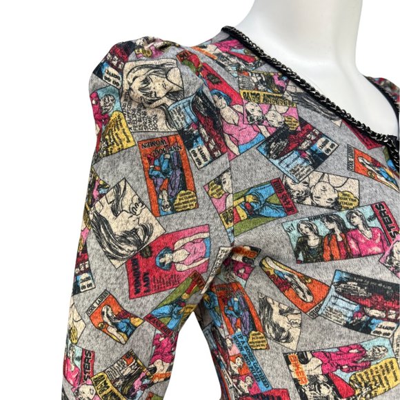 RARE/HTF Comic Print Y Apparel USA puff shoulder Zip Up Peplum Cardigan Sz Md - Picture 7 of 15